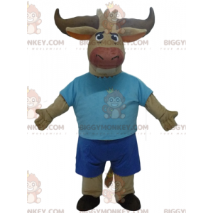 BIGGYMONKEY™ Braunes Büffel-Maskottchen-Kostüm in Blau -