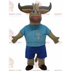 BIGGYMONKEY™ Disfraz de mascota de toro y búfalo marrón vestido de azul - Mascotas de vaca - BIGGYMONKEY_02732 - BiggyMonkey.com