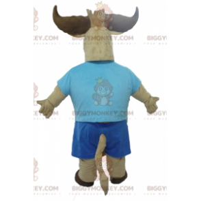 BIGGYMONKEY™ Disfraz de mascota de toro y búfalo marrón vestido de azul - Mascotas de vaca - BIGGYMONKEY_02732 - BiggyMonkey.com