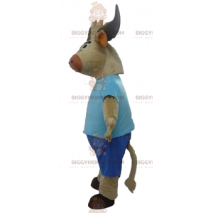 BIGGYMONKEY™ Disfraz de mascota de toro y búfalo marrón vestido de azul - Mascotas de vaca - BIGGYMONKEY_02732 - BiggyMonkey.com