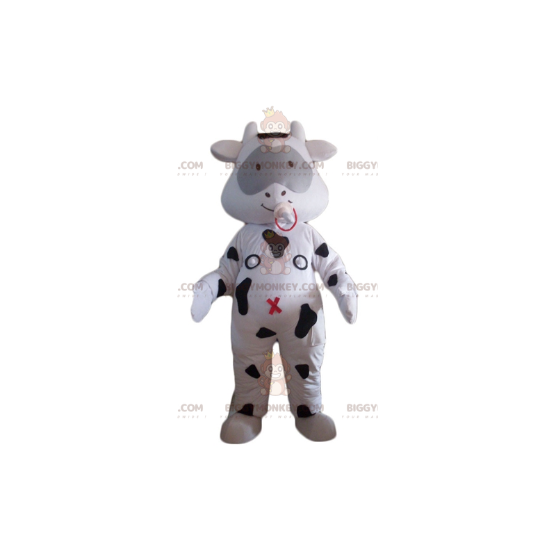Traje de mascote de vaca branca e preta BIGGYMONKEY™ com Traje de mascote de vaca branca e preta BIGGYMONKEY™ com