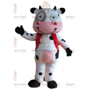 Kostým maskota velmi usměvavé bílé, černé a růžové krávy
