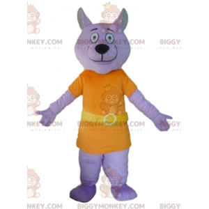 Purple Wolf BIGGYMONKEY™ maskotdräkt klädd i orange kostym -