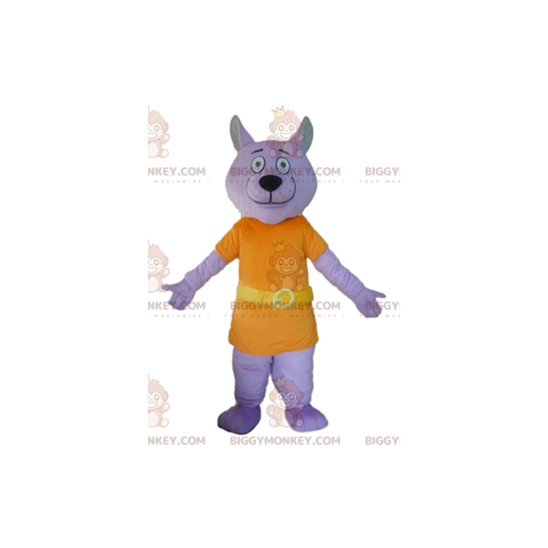 Purple Wolf BIGGYMONKEY™ maskotdräkt klädd i orange kostym - Purple Wolf BIGGYMONKEY™ maskotdräkt klädd i orange kostym -