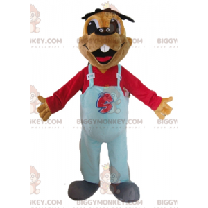 BIGGYMONKEY™ Brown Beaver Mascot Costume With Blue Overalls -