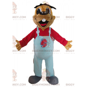 BIGGYMONKEY™ brun bævermaskotkostume med blå overalls - Skovdyr - BIGGYMONKEY_02753 - BiggyMonkey.com