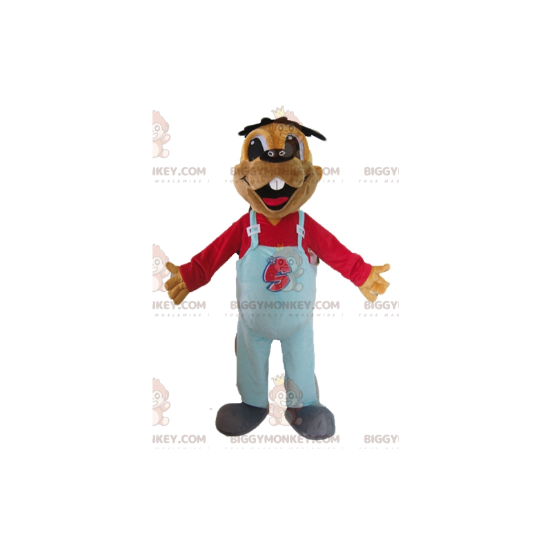 BIGGYMONKEY™ brun bævermaskotkostume med blå overalls - Skovdyr - BIGGYMONKEY_02753 - BiggyMonkey.com