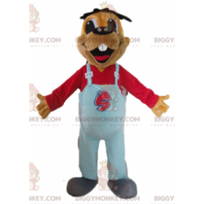 BIGGYMONKEY™ brun bævermaskotkostume med blå overalls - Skovdyr - BIGGYMONKEY_02753 - BiggyMonkey.com