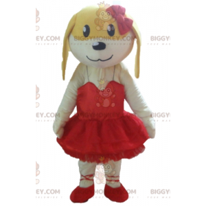 Kostým maskota BIGGYMONKEY™ Bílý a žlutý pes v červených šatech
