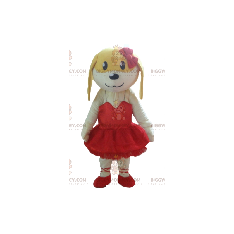 BIGGYMONKEY™ Mascot Costume White and Yellow Dog in Red Dress -