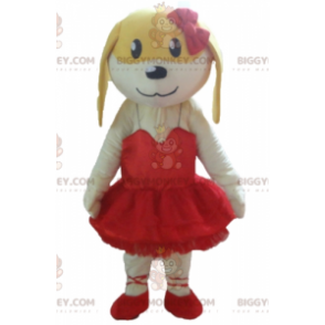 BIGGYMONKEY™ Maskotdräkt Vit och gul hund i röd klänning - Hundmaskot - BIGGYMONKEY_02768 - BiggyMonkey.com
