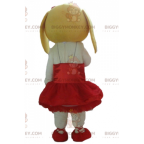 BIGGYMONKEY™ Maskotdräkt Vit och gul hund i röd klänning -