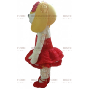 BIGGYMONKEY™ Maskotdräkt Vit och gul hund i röd klänning -