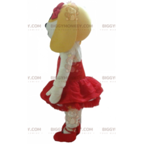 BIGGYMONKEY™ Maskotdräkt Vit och gul hund i röd klänning - Hundmaskot - BIGGYMONKEY_02768 - BiggyMonkey.com