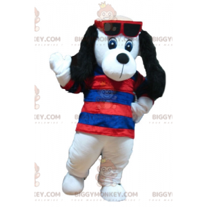 Traje de mascote BIGGYMONKEY™ de cachorro branco e preto com