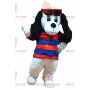 Traje de mascote BIGGYMONKEY™ de cachorro branco e preto com