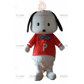 Traje de mascote de cachorro preto e branco pequeno