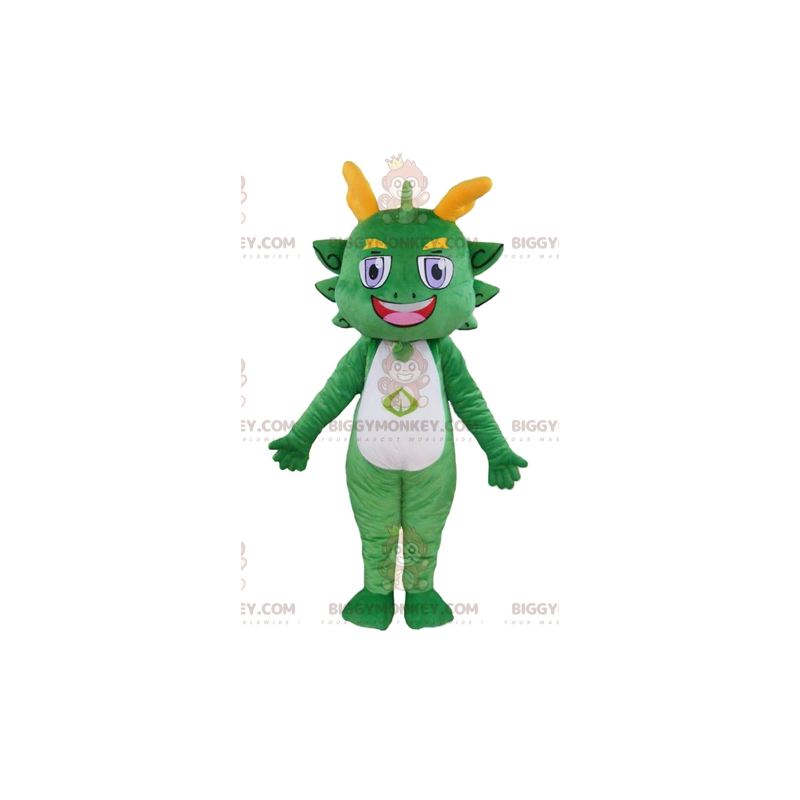 Leende färgglada gröna och gula drake BIGGYMONKEY™ maskotdräkt