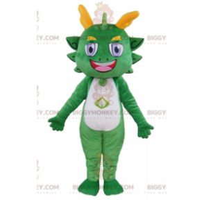Traje de mascote BIGGYMONKEY™ de dragão verde e amarelo