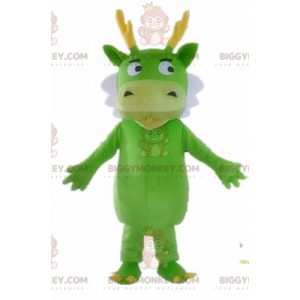 Traje de mascote de dragão verde amarelo e branco de criatura