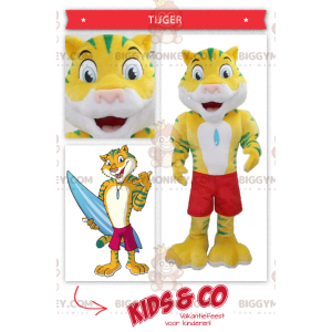 Kostým žlutozeleného tygra BIGGYMONKEY™ maskota s plavkovými šortkami