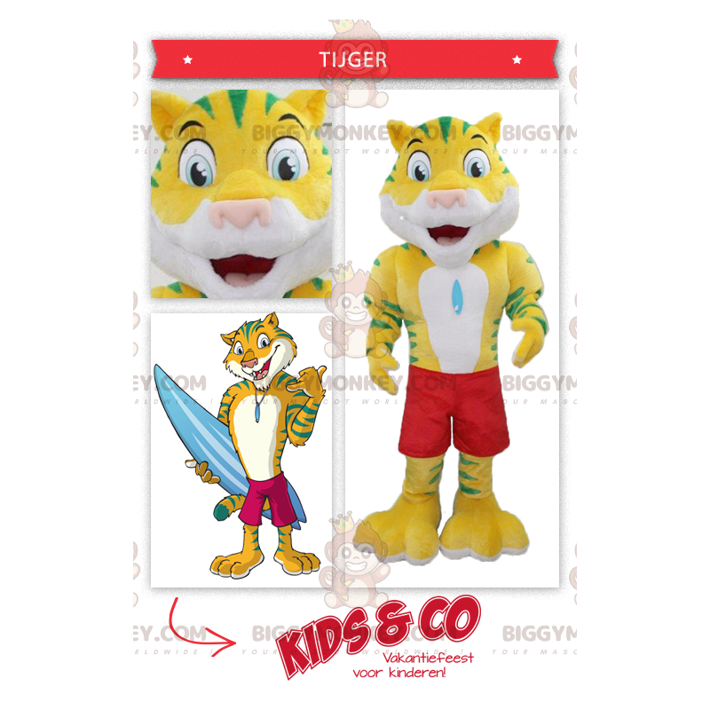Gul og grøn tiger BIGGYMONKEY™ maskotkostume med svømmeshorts -