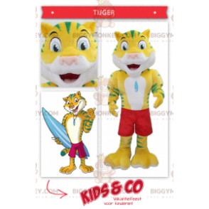 Gul og grøn tiger BIGGYMONKEY™ maskotkostume med svømmeshorts -