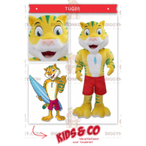 Kostým žlutozeleného tygra BIGGYMONKEY™ maskota s plavkovými