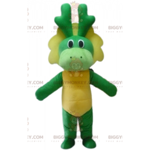 Traje de mascote de dinossauro dragão verde e amarelo