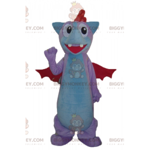 Costume da mascotte drago pipistrello blu e rosa rossa