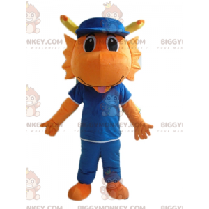 Orange Dragon Dinosaur BIGGYMONKEY™ maskotkostume klædt i blåt