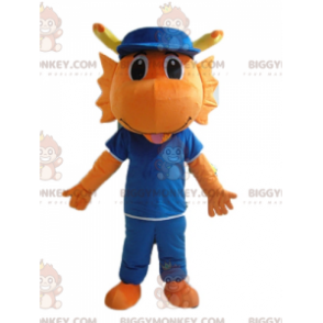 Orange Dragon Dinosaur BIGGYMONKEY™ maskotkostume klædt i blåt