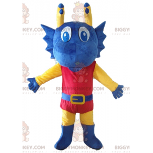 BIGGYMONKEY™ Mascot Costume Blue Yellow and Red Dragon Dressed