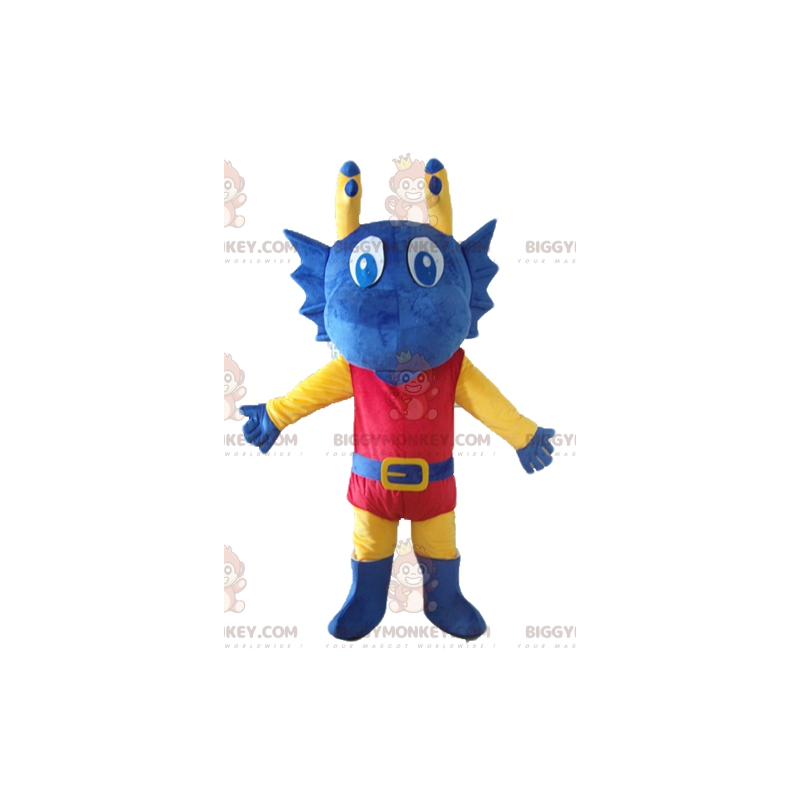 BIGGYMONKEY™ Costume da mascotte Drago blu giallo e rosso BIGGYMONKEY™ Costume da mascotte Drago blu giallo e rosso