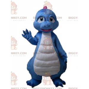 Blauw wit roze draak dinosaurus BIGGYMONKEY™ mascotte kostuum -