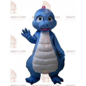 Traje de mascote de dinossauro azul branco rosa dragão