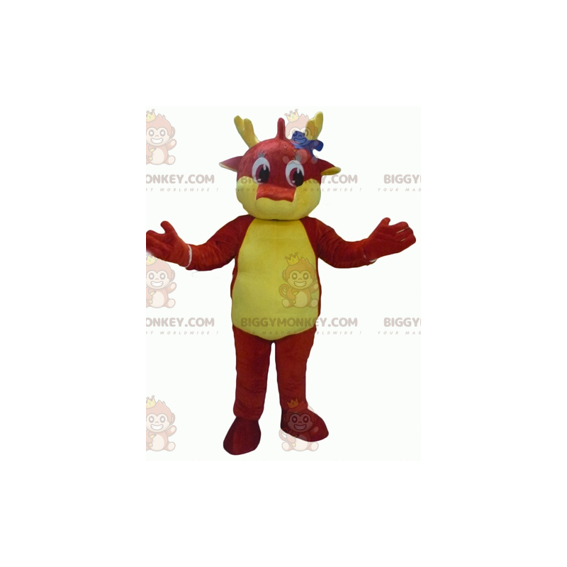 Costume da mascotte gigante rosso e giallo drago BIGGYMONKEY™ - Costume da mascotte gigante rosso e giallo drago BIGGYMONKEY™ -
