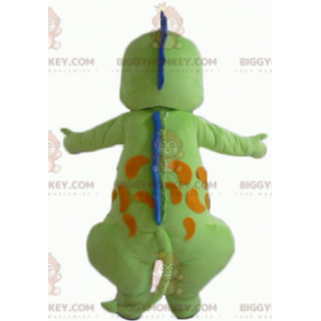 Usměvavý kostým maskota zeleného modrého oranžového draka