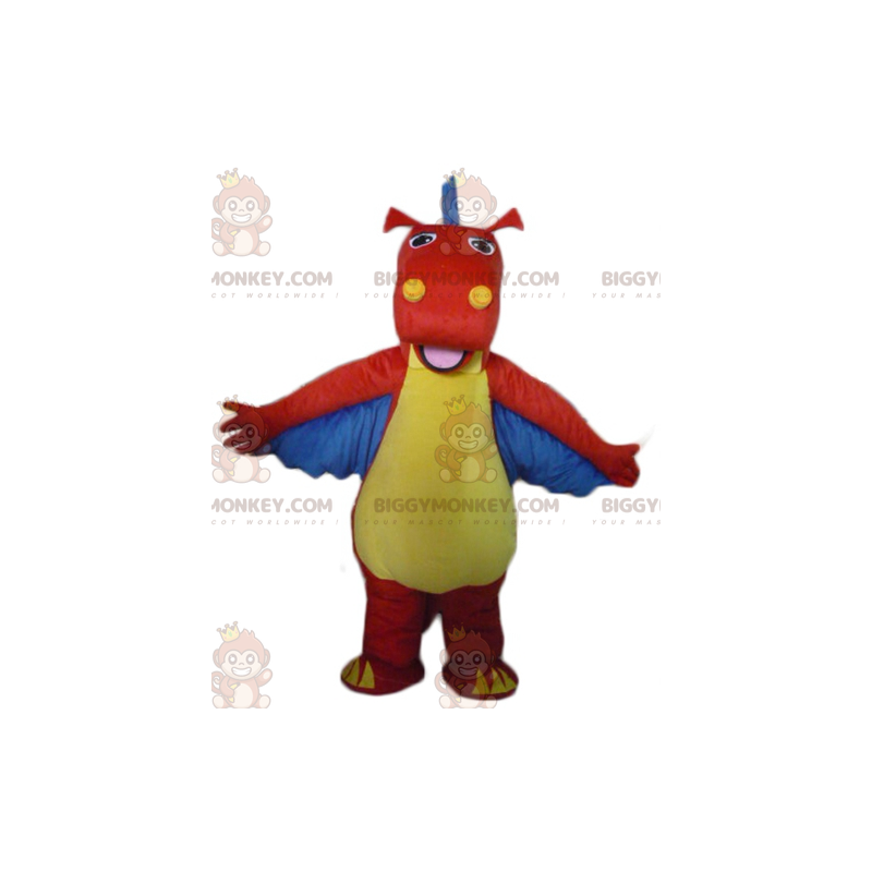 Traje de mascote de dinossauro vermelho amarelo azul dragão Traje de mascote de dinossauro vermelho amarelo azul dragão