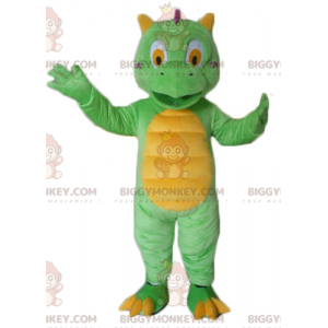 Bonito y colorido disfraz de mascota pequeño dragón verde y