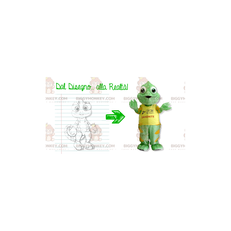 Kostým maskota zeleného a žlutého chameleona BIGGYMONKEY™ –