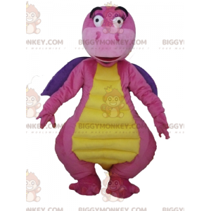 Svůdný a barevný kostým maskota růžovofialového a žlutého draka