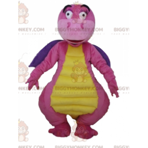 Svůdný a barevný kostým maskota růžovofialového a žlutého draka