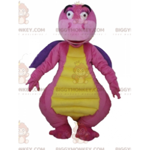 Traje de mascote sedutor e colorido de dragão roxo e amarelo