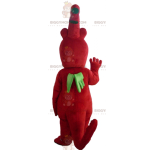 Traje de mascote original e simpático dragão vermelho e verde