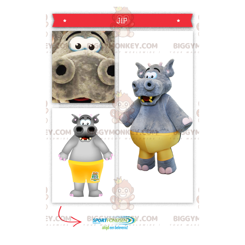 BIGGYMONKEY™ Big Grey Hippo Mascot Costume med gul trøje -