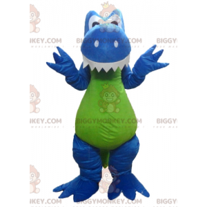Traje de mascote de dinossauro azul branco dragão verde