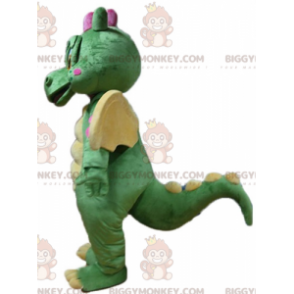 Costume de mascotte BIGGYMONKEY™ de dragon vert jaune et rose mignon et coloré - Mascotte de dragon - BiggyMonkey.com
