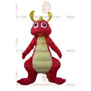 BIGGYMONKEY™ färgglad leende rosa och gul dinosauriemaskotdräkt