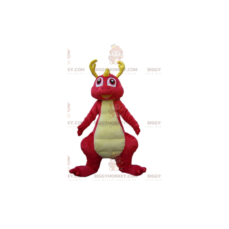 BIGGYMONKEY™ Colorful Smiling Pink and Yellow Dinosaur Mascot BIGGYMONKEY™ Colorful Smiling Pink and Yellow Dinosaur Mascot